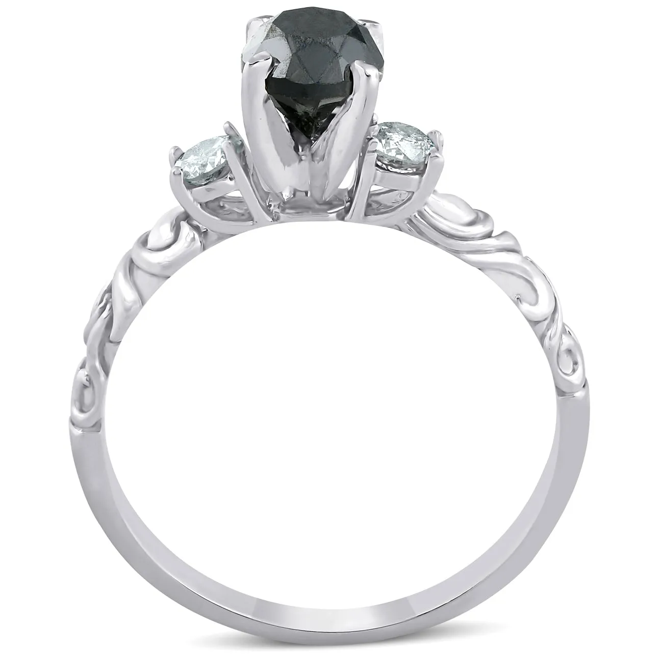 1 1/14 Ct Black Diamond Three Stone Vintage Engagement Ring 14k White Gold