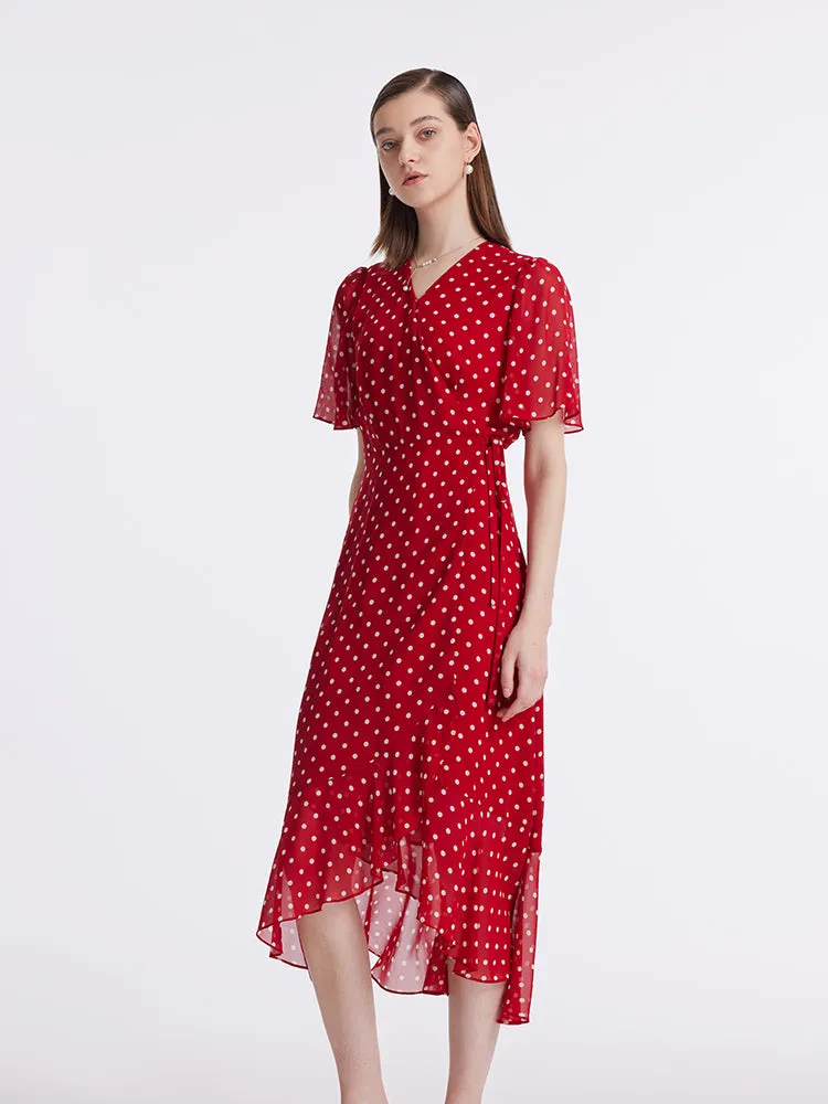 10 Momme Mulberry Silk Polka Dots Printed Wrapped Ruffle Women Midi Dress