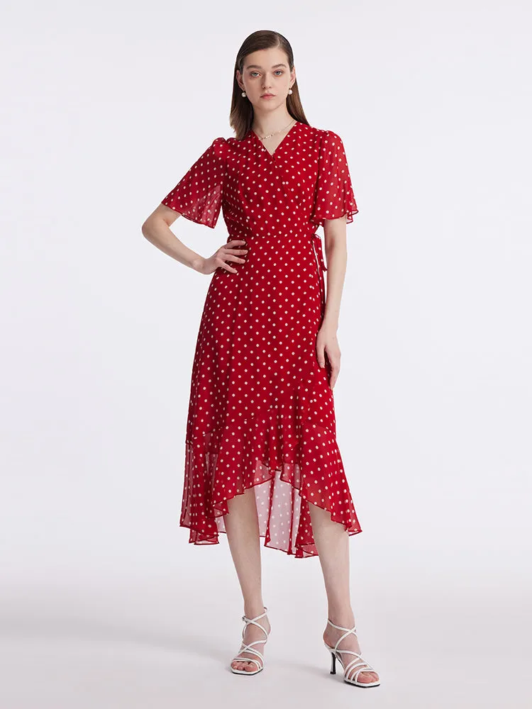 10 Momme Mulberry Silk Polka Dots Printed Wrapped Ruffle Women Midi Dress