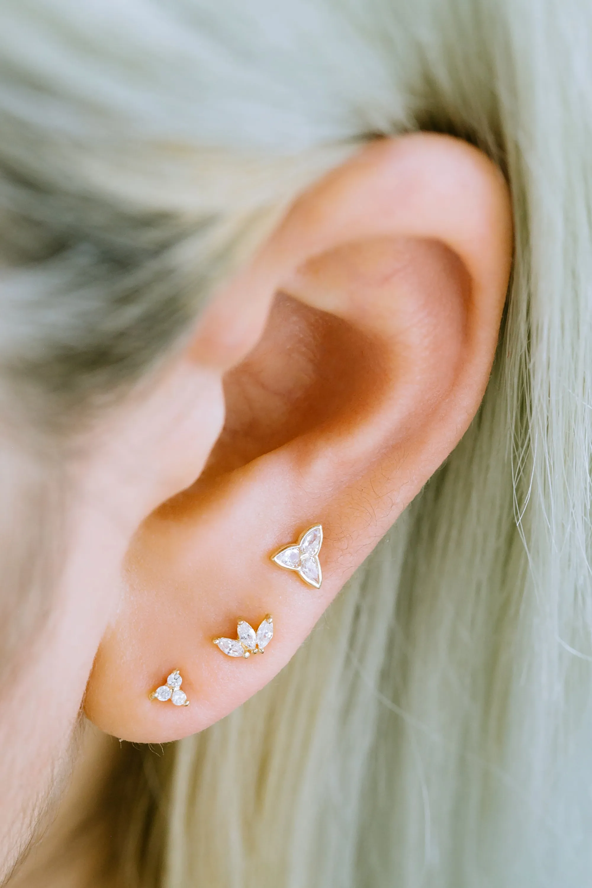 14K GOLD JEWELRY MINIMALIST CZ TRIANGLE SHAPE FLOWER BARBELL EAR STUD EARRING PIERCING