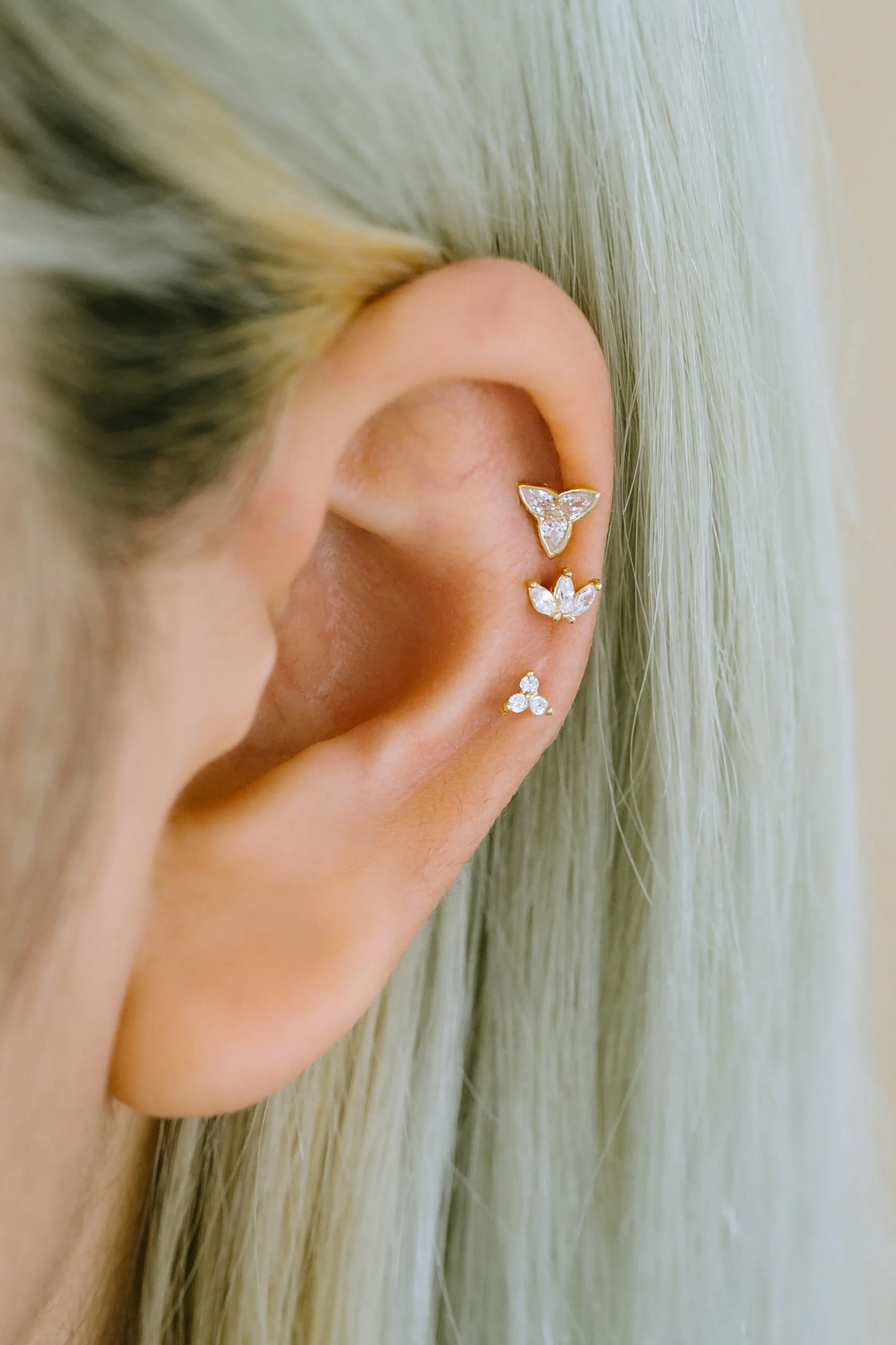 14K GOLD JEWELRY MINIMALIST CZ TRIANGLE SHAPE FLOWER BARBELL EAR STUD EARRING PIERCING