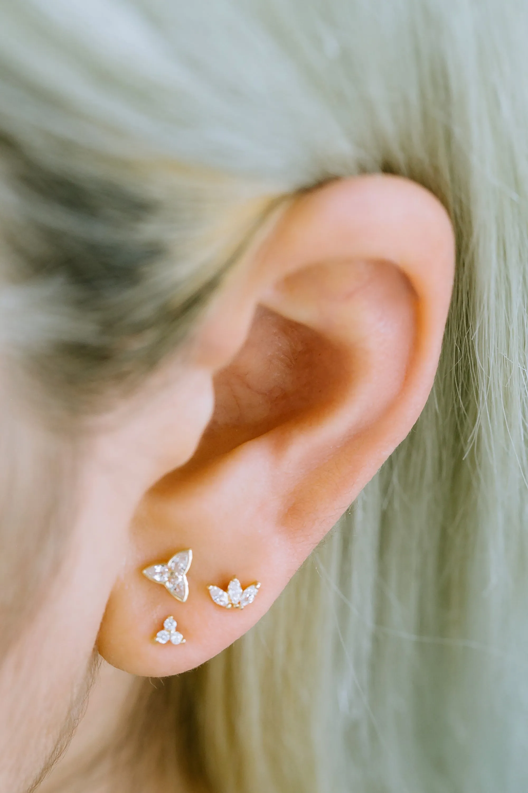 14K GOLD JEWELRY MINIMALIST CZ TRIANGLE SHAPE FLOWER BARBELL EAR STUD EARRING PIERCING