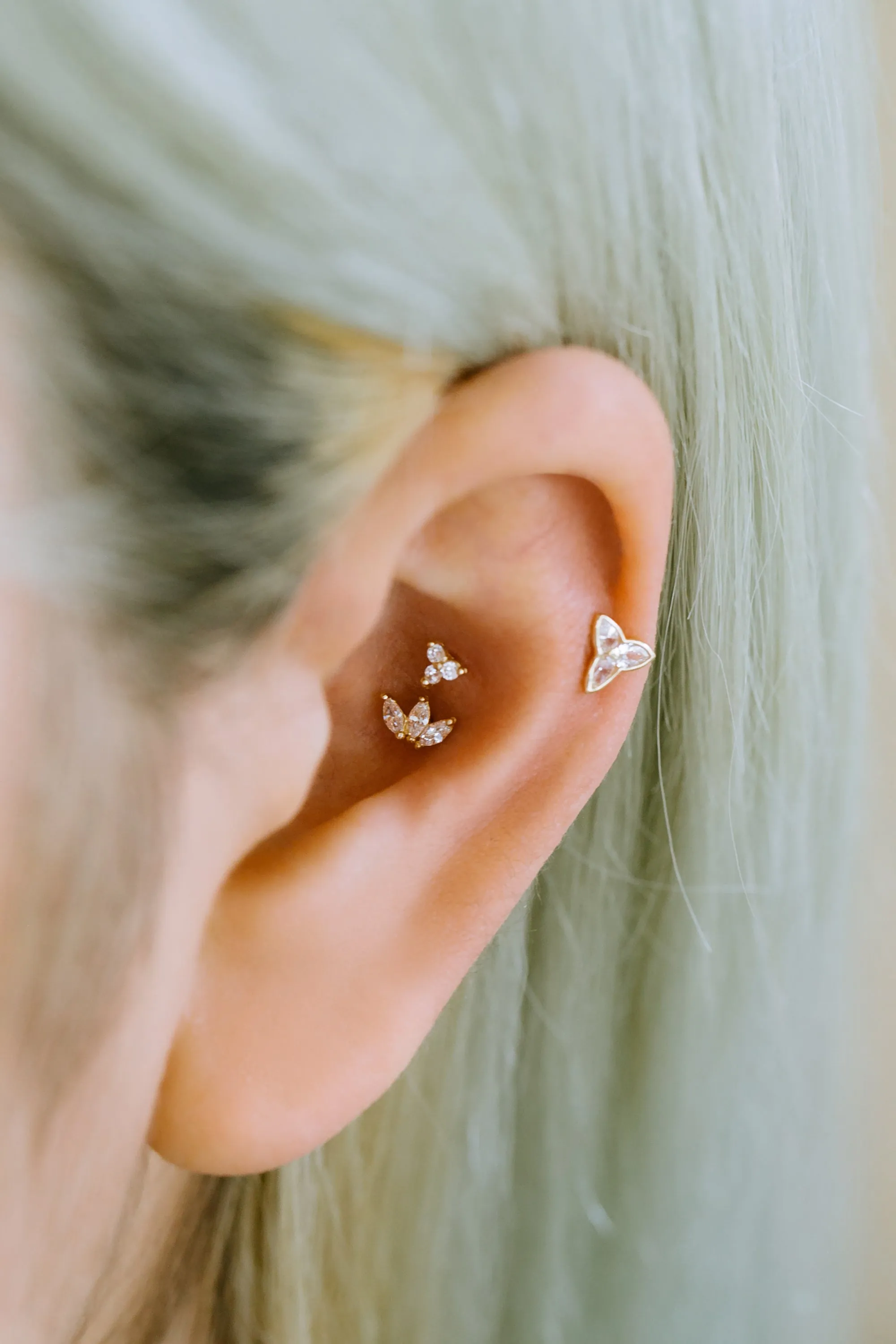 14K GOLD JEWELRY MINIMALIST CZ TRIANGLE SHAPE FLOWER BARBELL EAR STUD EARRING PIERCING