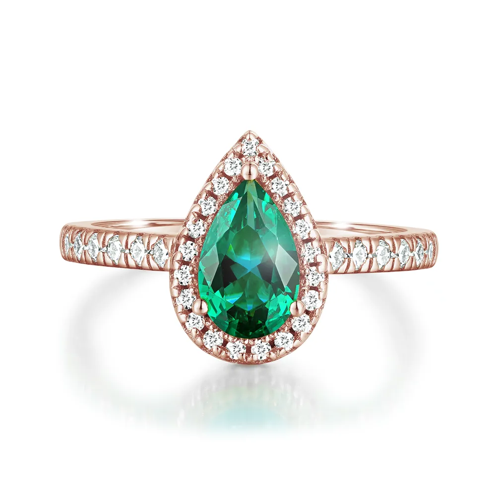 1.5 CT. Pear-Shaped Emerald Ring with White Sapphire Halo Accents