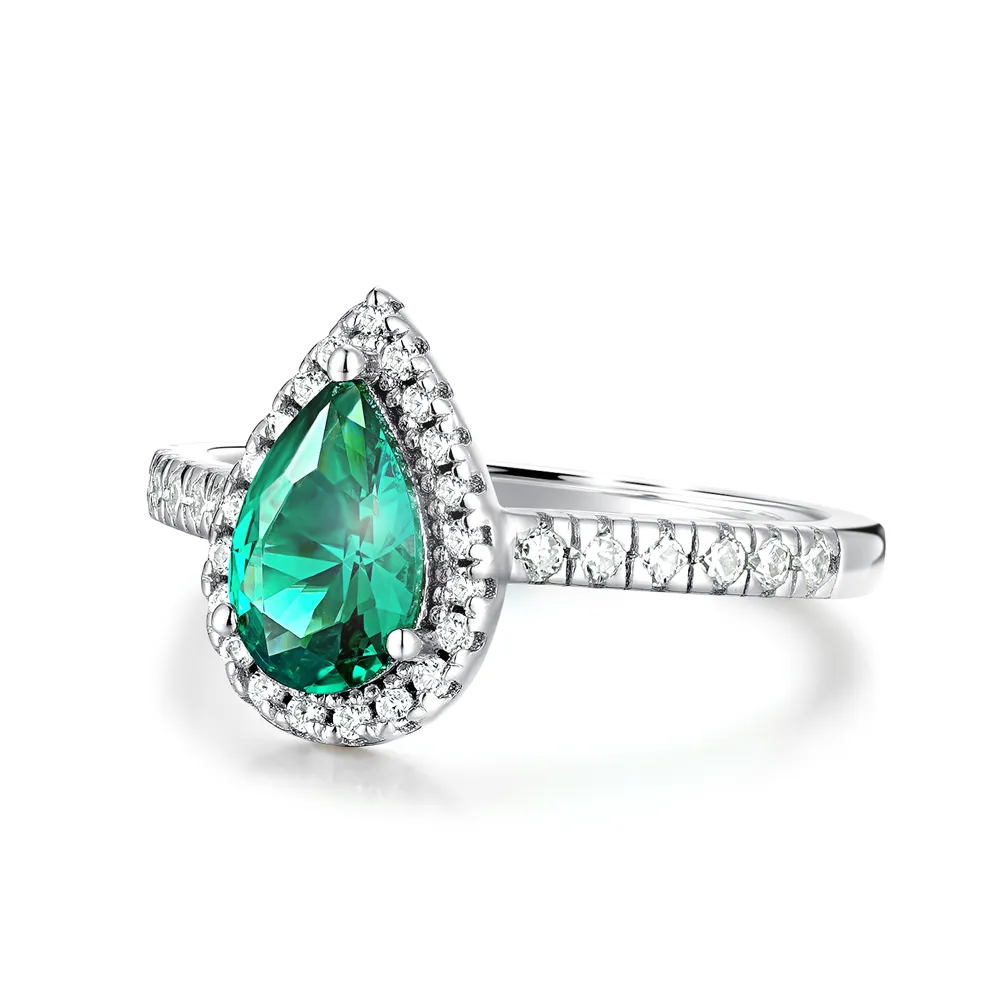 1.5 CT. Pear-Shaped Emerald Ring with White Sapphire Halo Accents