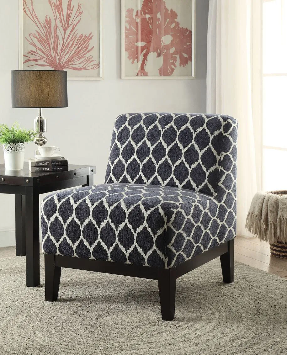 28 Dark Blue Chenille And Black Trellis Slipper Chair