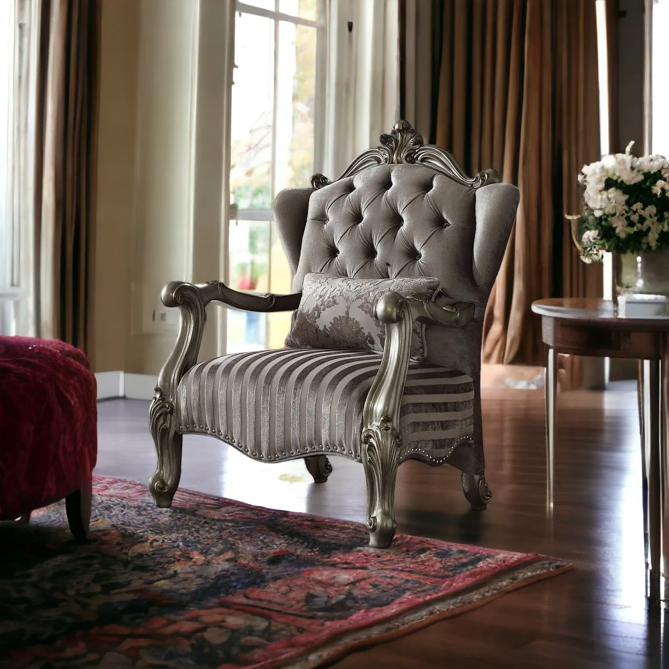 33 Gray And Platinum Velvet Striped Tufted Wingback Chair