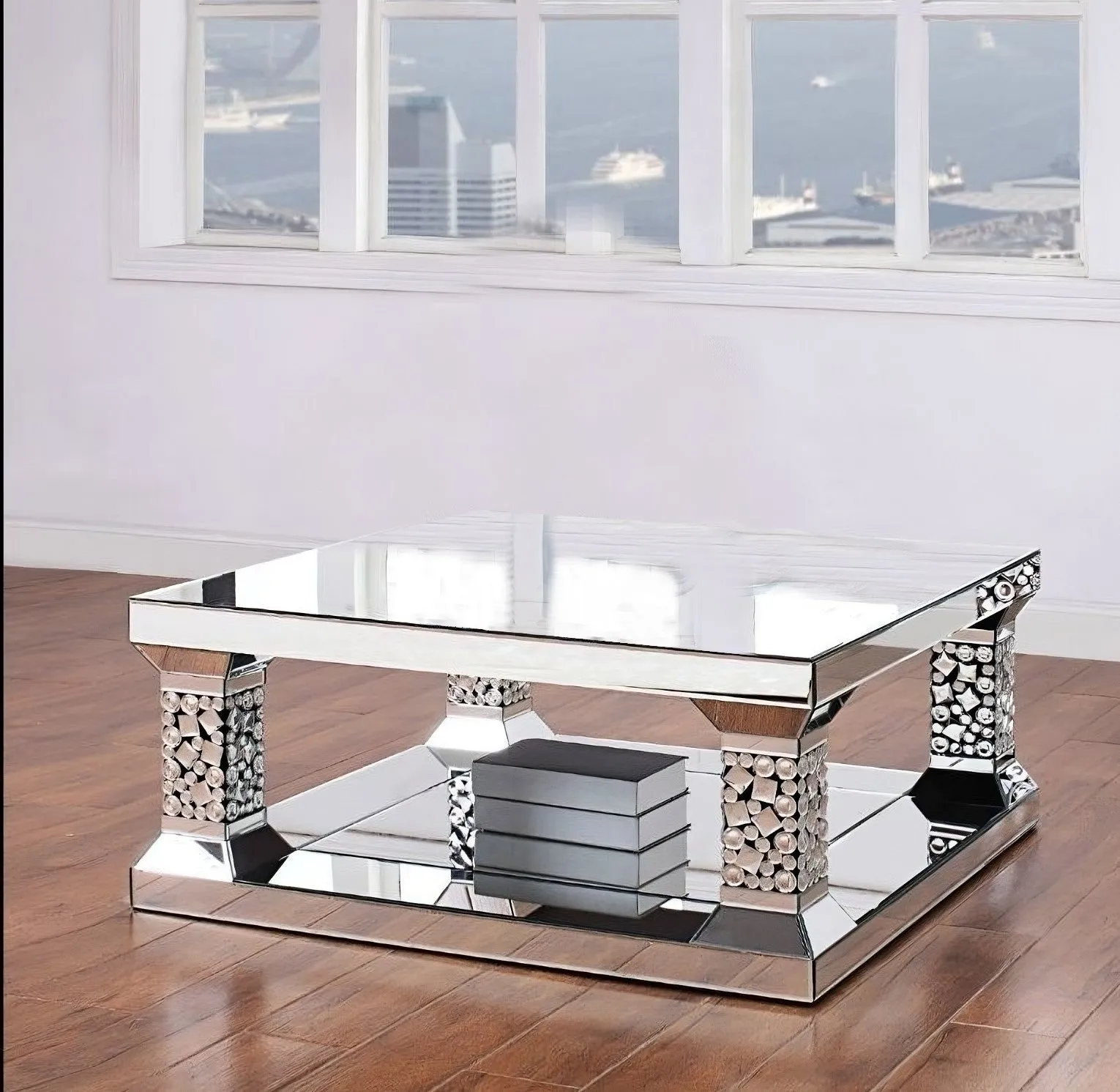 40 Silver Glass Square Mirrored Coffee Table With Shelf