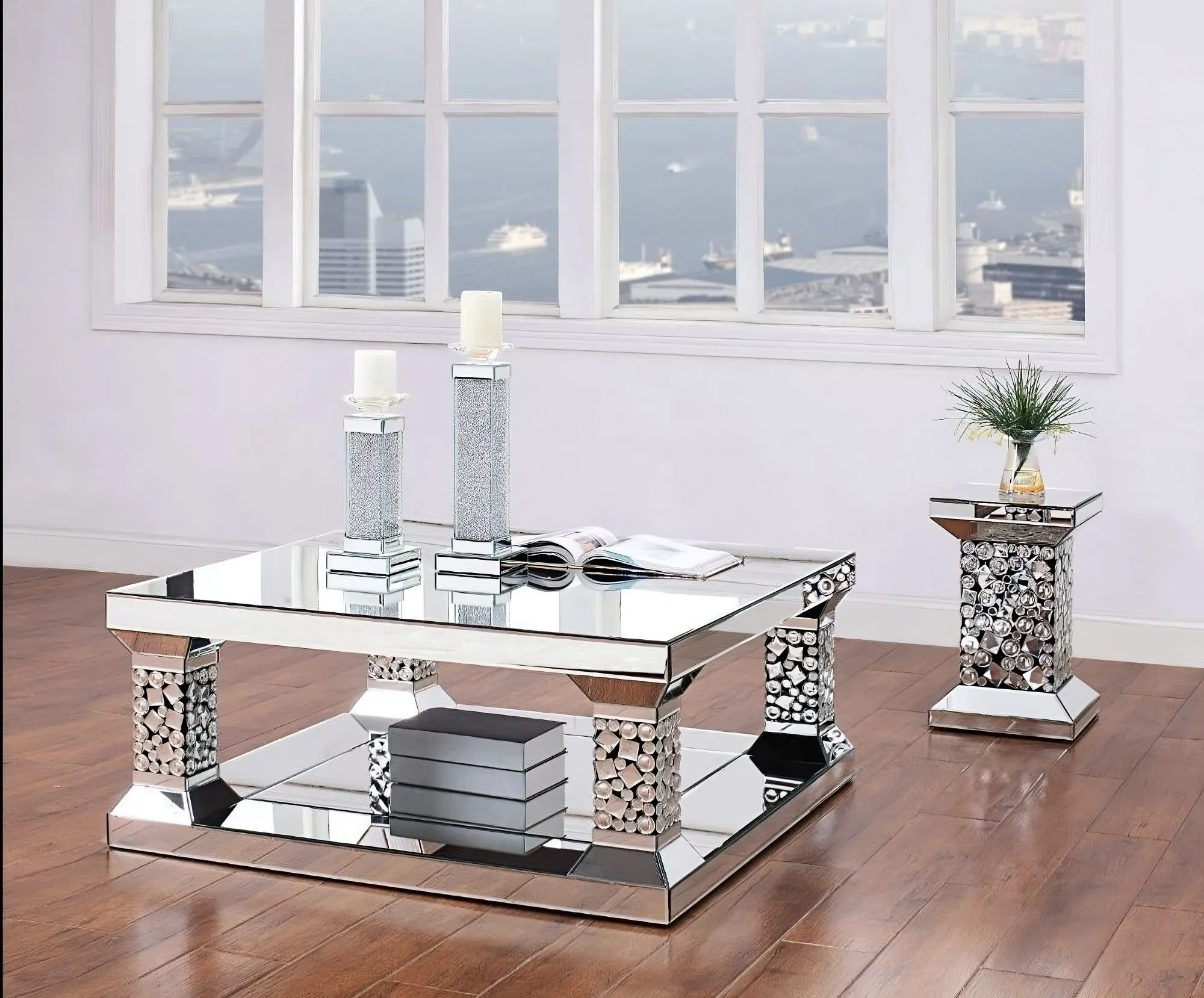 40 Silver Glass Square Mirrored Coffee Table With Shelf