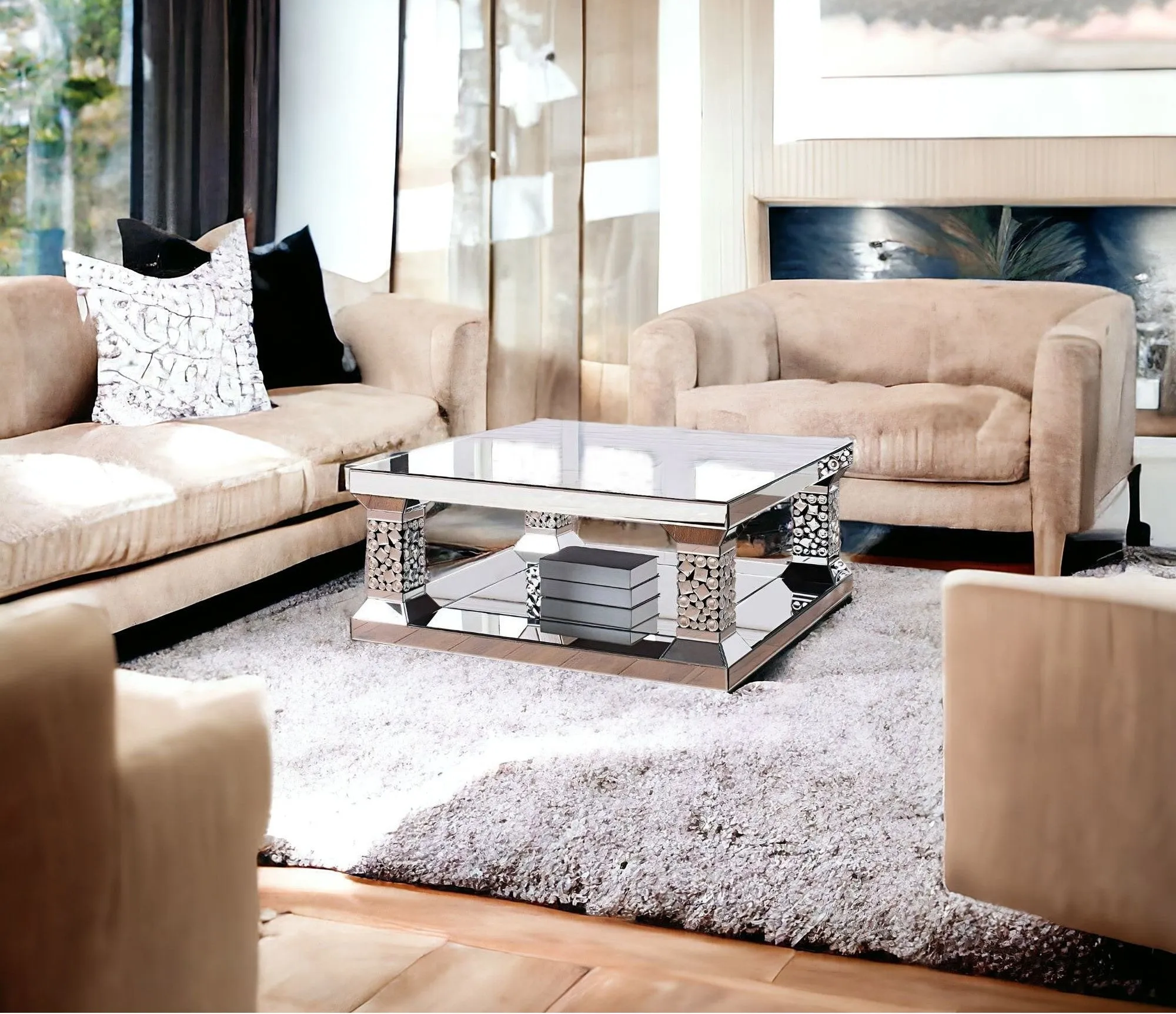 40 Silver Glass Square Mirrored Coffee Table With Shelf