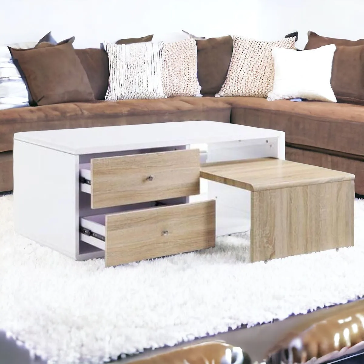 47 White and Natural Coffee Table With Four Drawers