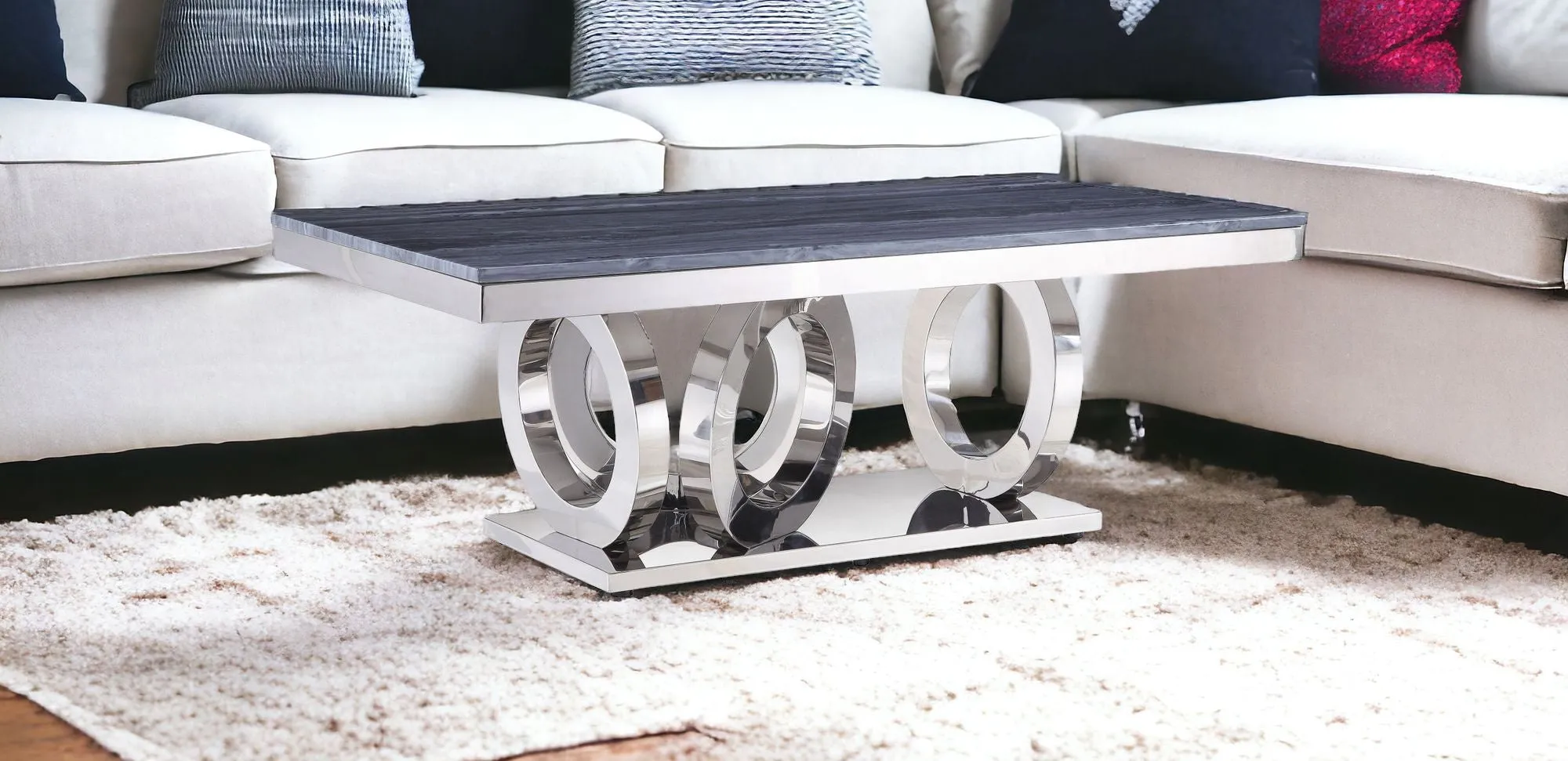 51 Gray And Silver Faux Marble And Stainless Mirrored Coffee Table