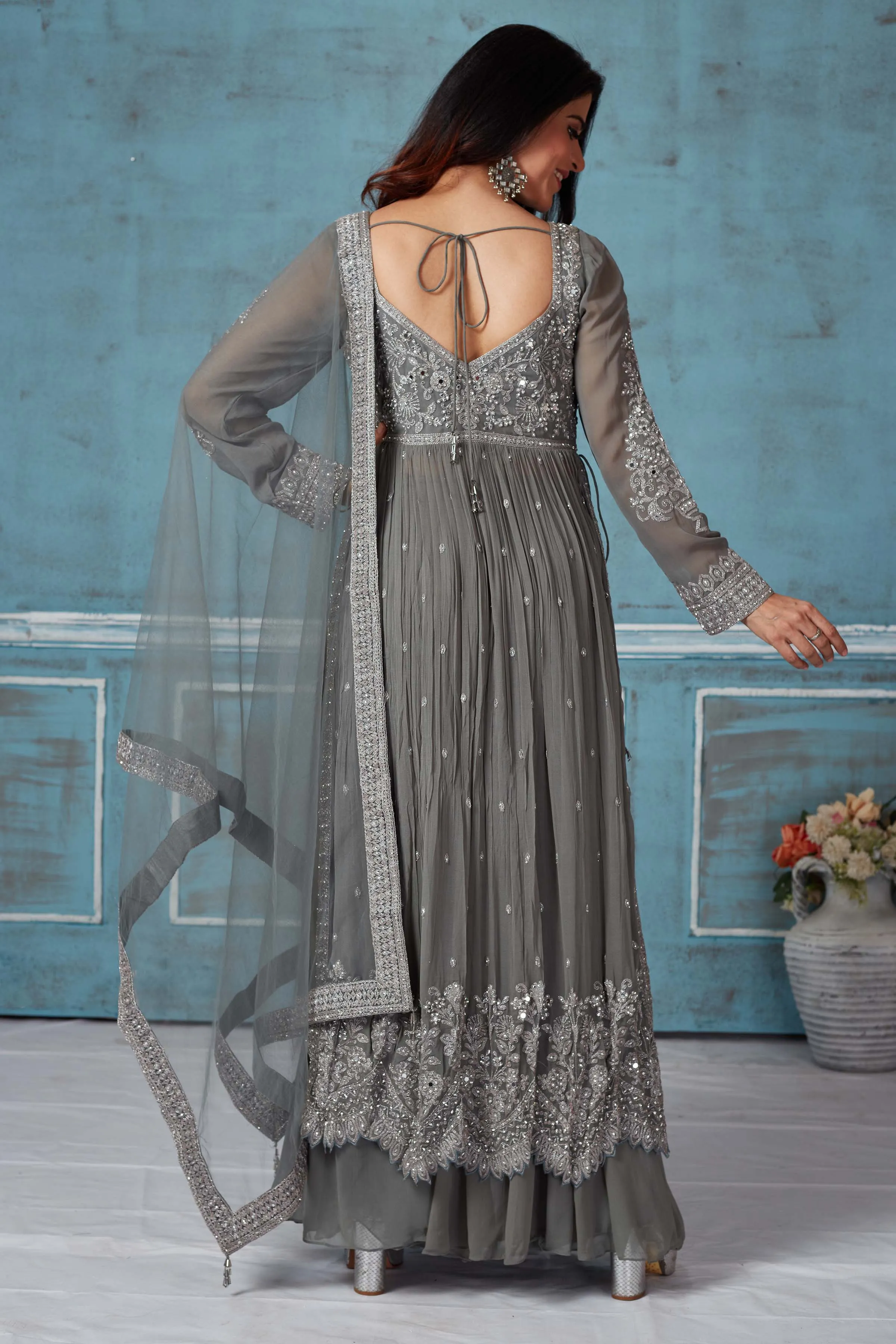 52A159 Grey Embroidered Georgette Palazzo Suit With Dupatta