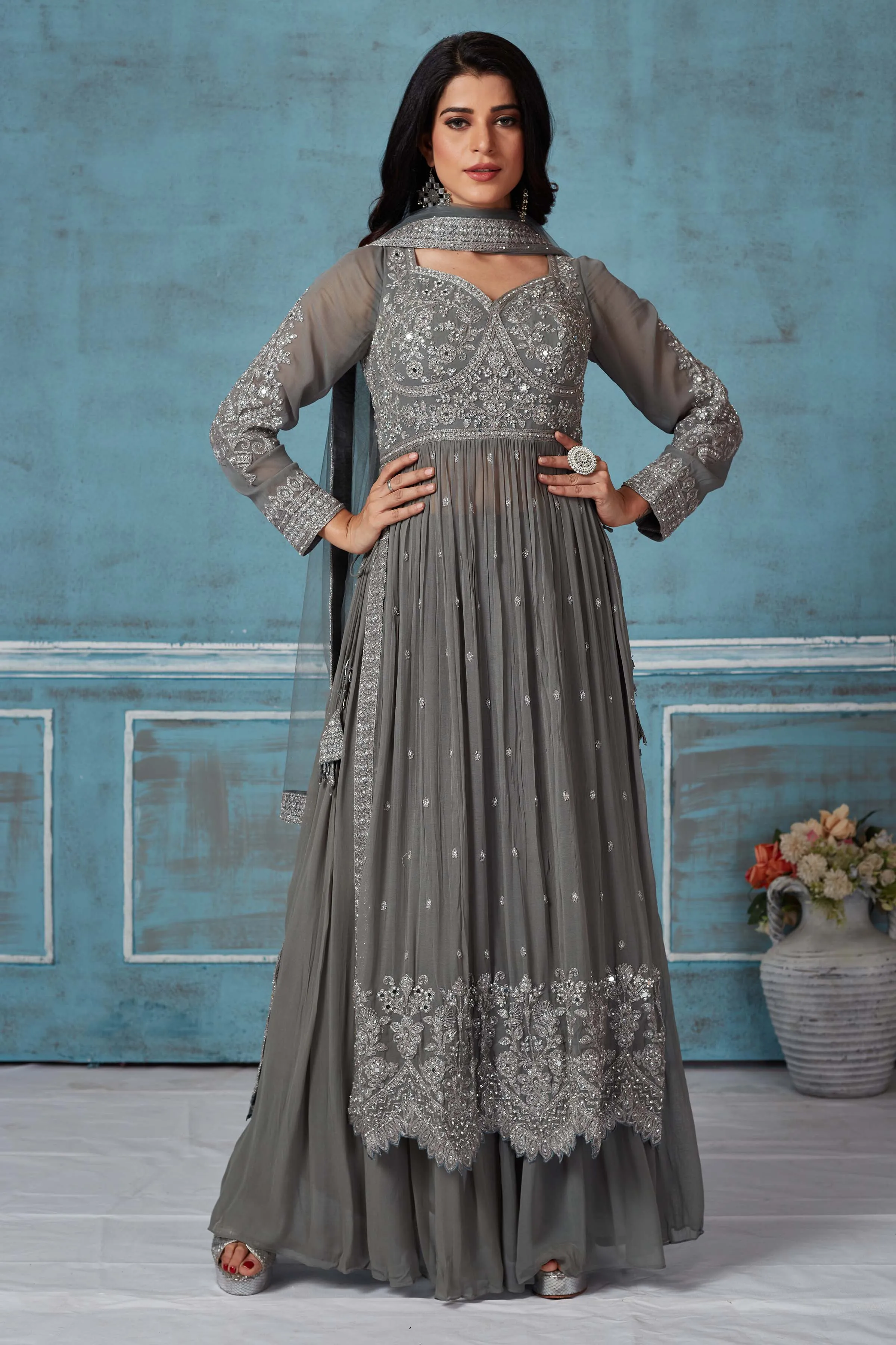 52A159 Grey Embroidered Georgette Palazzo Suit With Dupatta