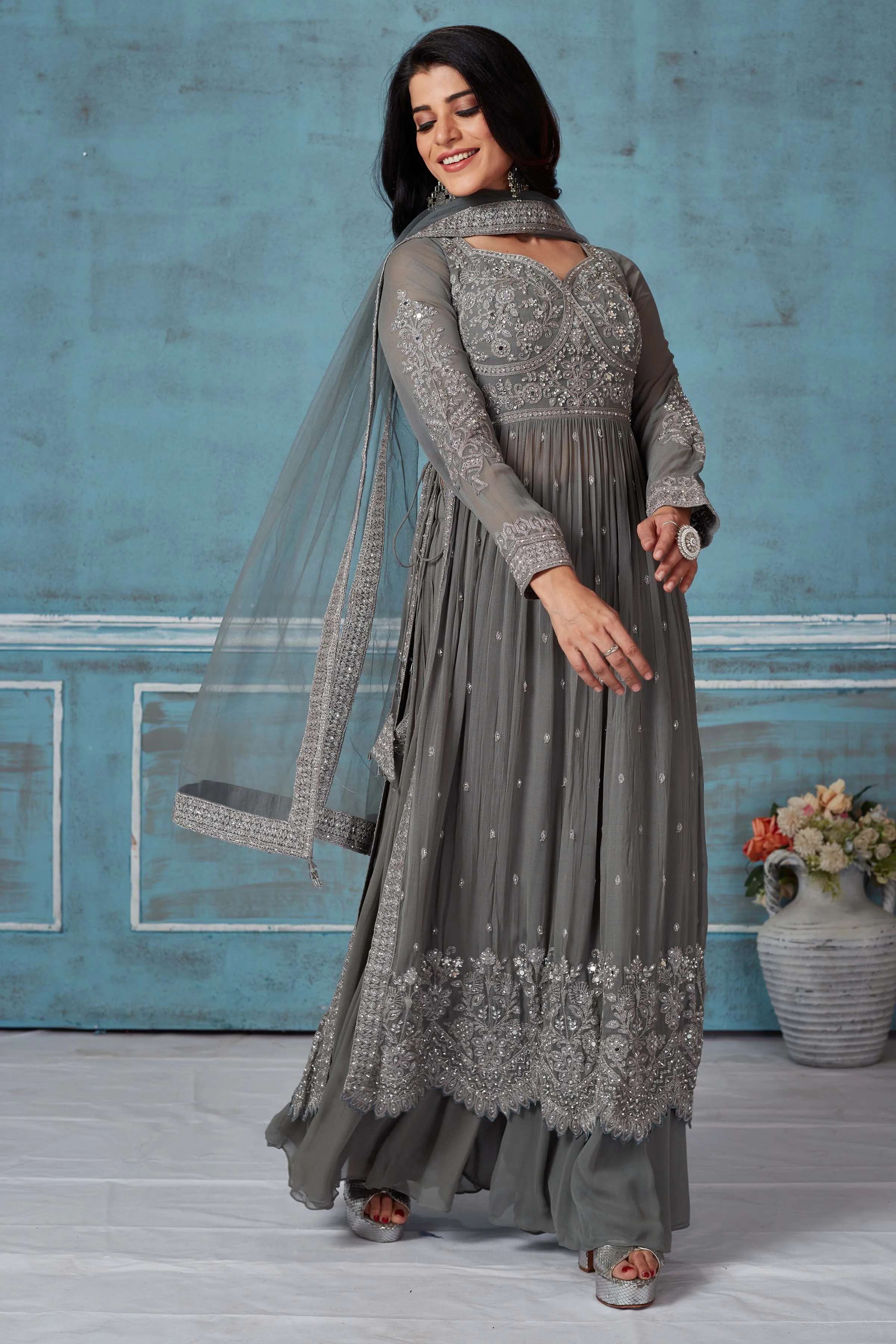 52A159 Grey Embroidered Georgette Palazzo Suit With Dupatta