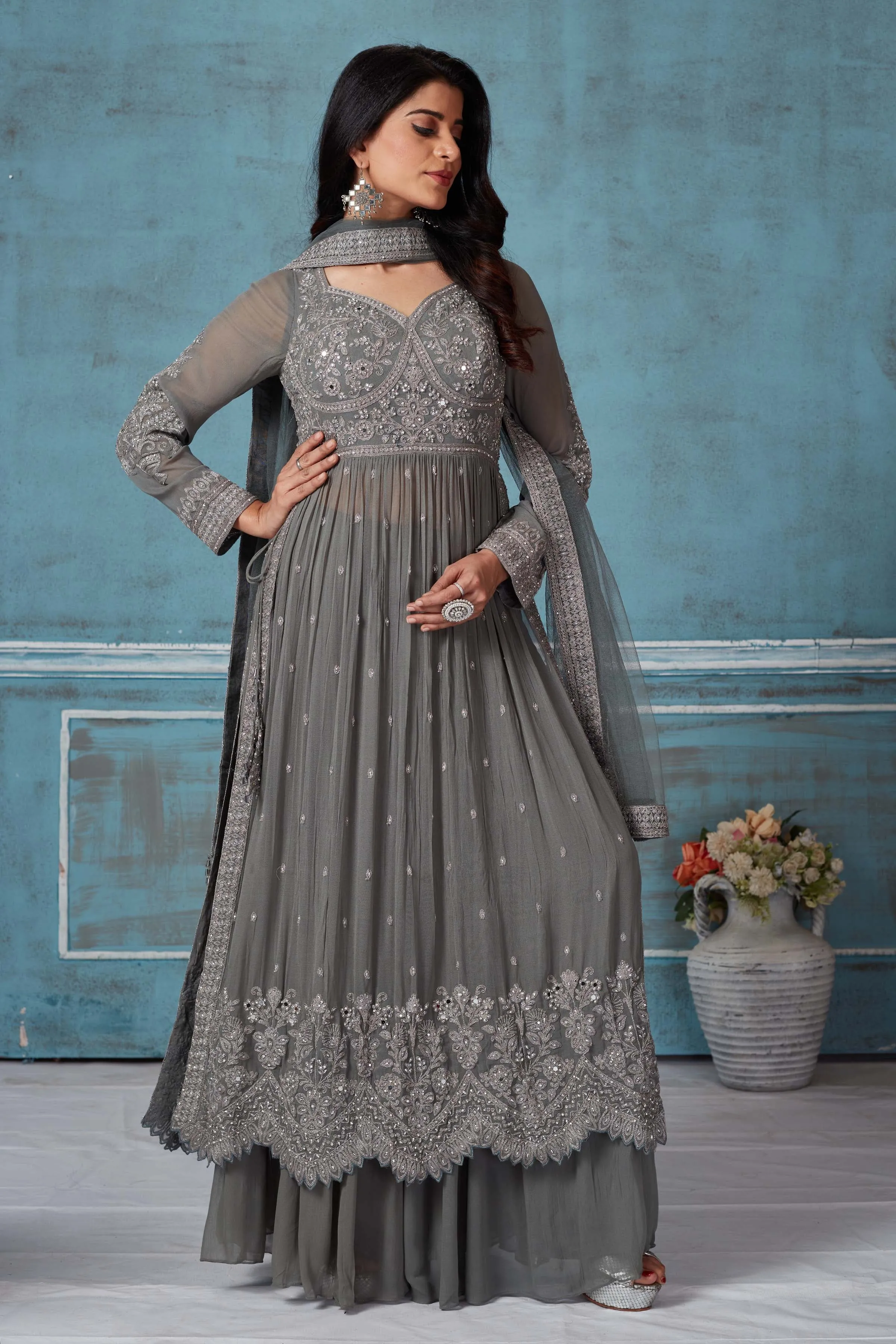 52A159 Grey Embroidered Georgette Palazzo Suit With Dupatta