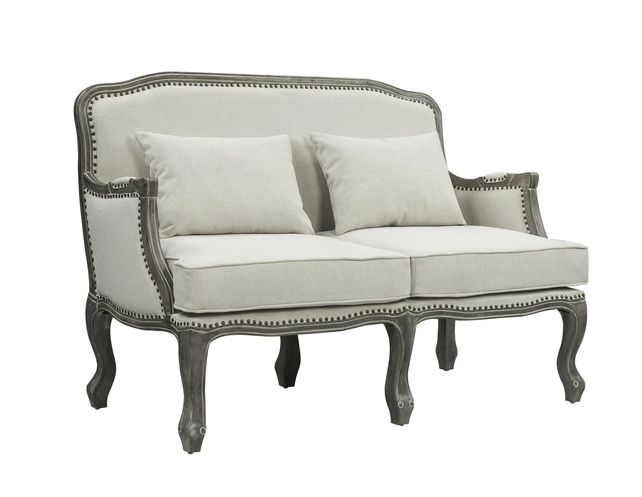 56 Cream And Gray Linen Loveseat and Toss Pillows