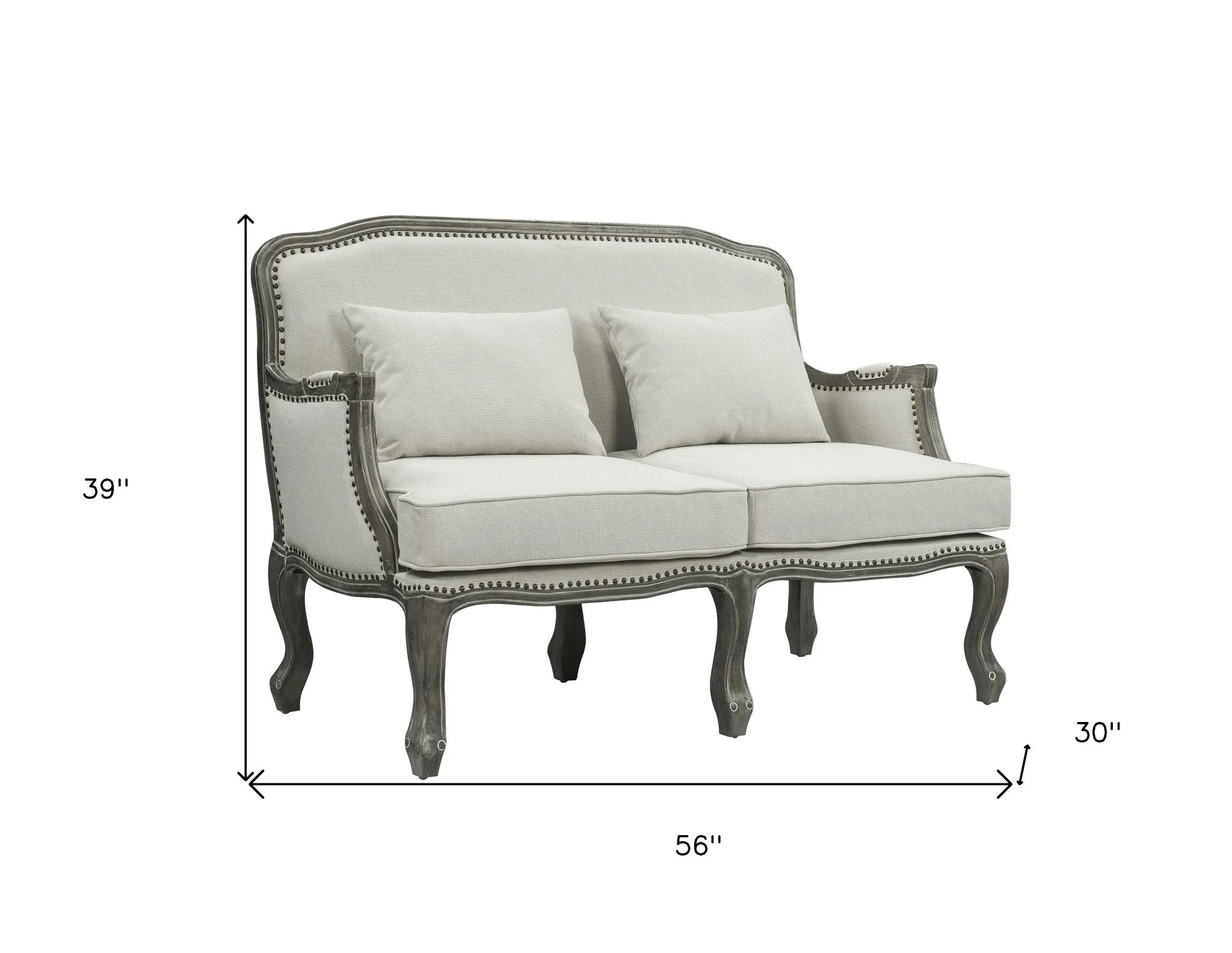 56 Cream And Gray Linen Loveseat and Toss Pillows