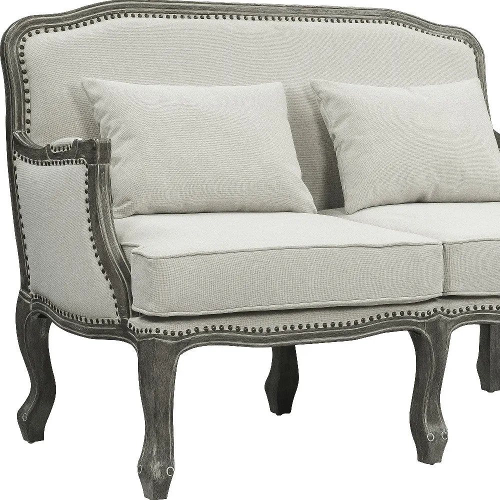 56 Cream And Gray Linen Loveseat and Toss Pillows