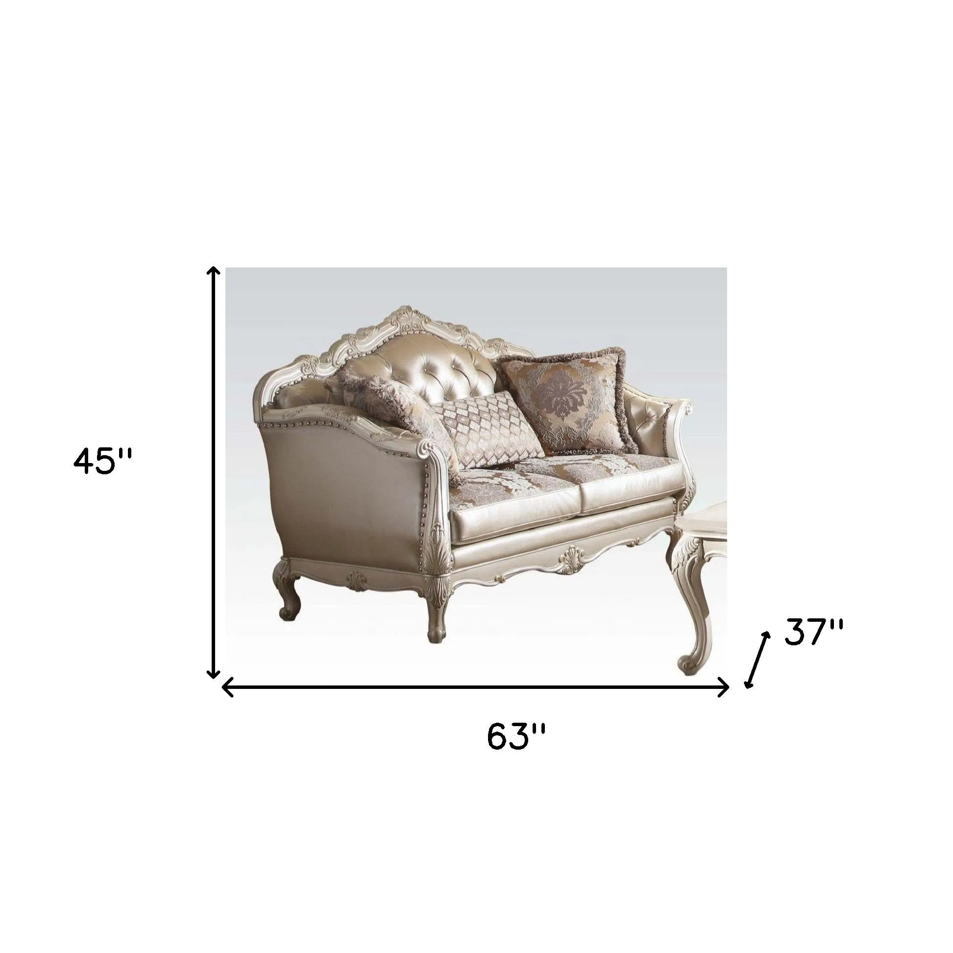 63 Rose Gold And Pearl Faux Leather Curved Loveseat and Toss Pillows