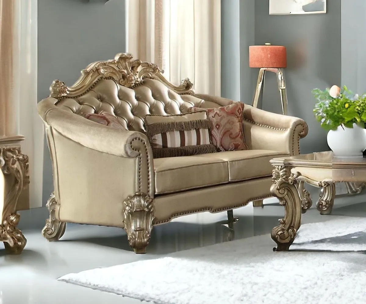 67 Bone And Gold Faux Leather Loveseat and Toss Pillows