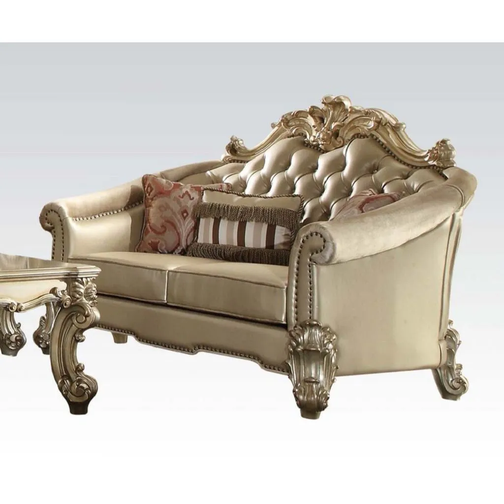 67 Bone And Gold Faux Leather Loveseat and Toss Pillows