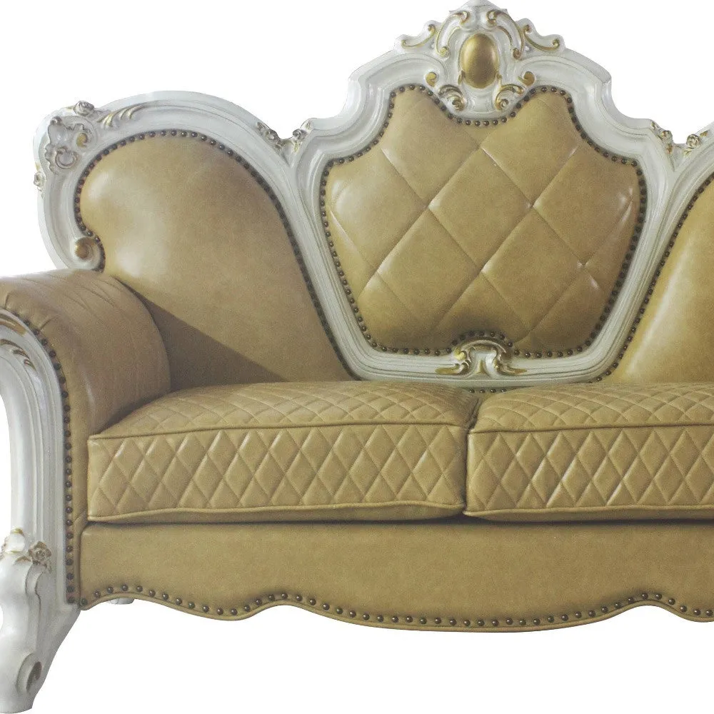 70 Butterscotch And Pearl Faux Leather Loveseat and Toss Pillows