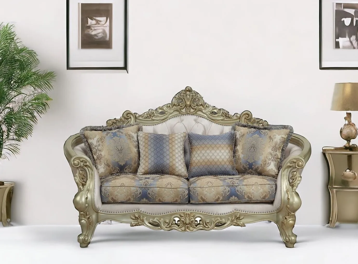 78 Gold Polyester Blend Floral Loveseat and Toss Pillows