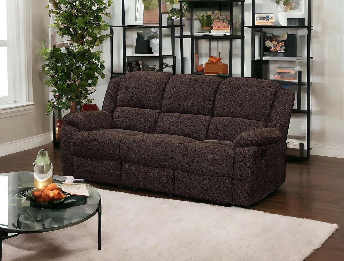 79 Brown And Black Chenille Reclining Sofa