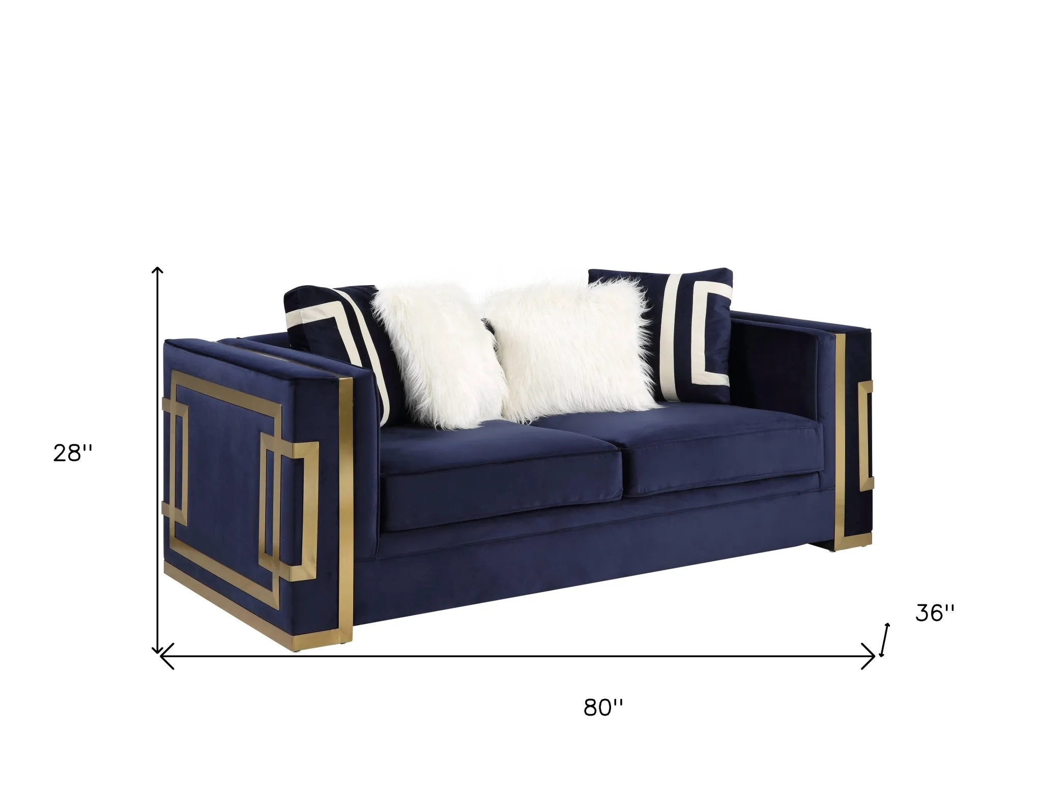 80 Blue And Gold Velvet Loveseat and Toss Pillows