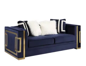 80 Blue And Gold Velvet Loveseat and Toss Pillows