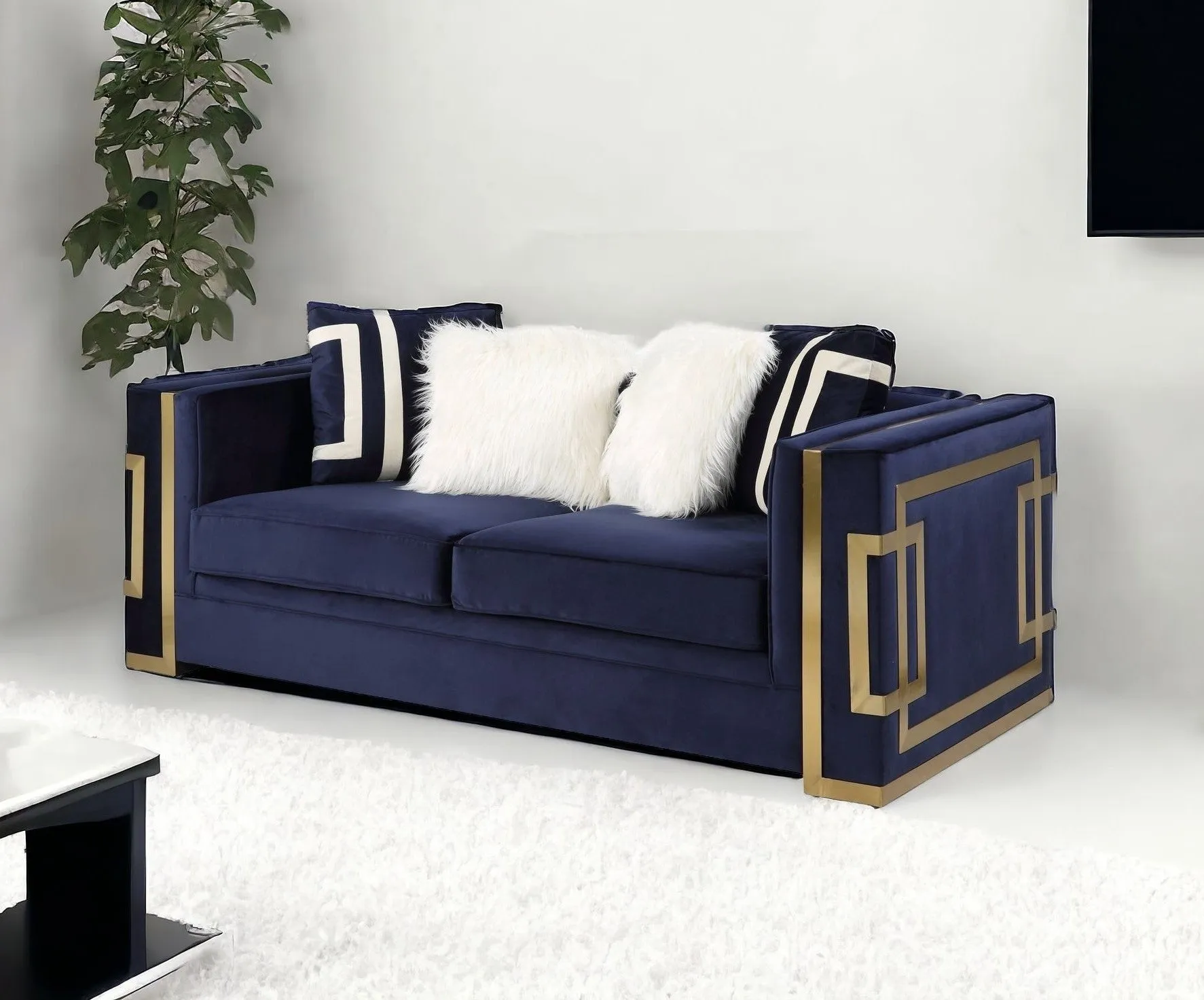 80 Blue And Gold Velvet Loveseat and Toss Pillows