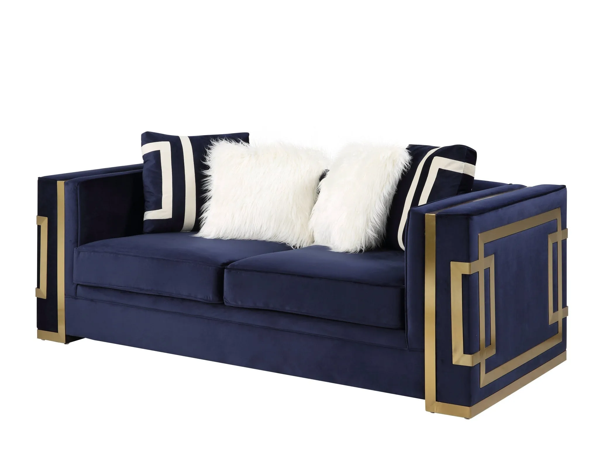 80 Blue And Gold Velvet Loveseat and Toss Pillows