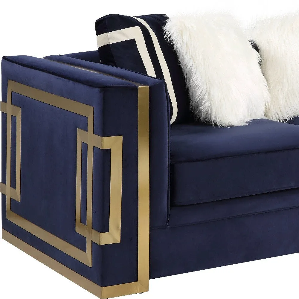 80 Blue And Gold Velvet Loveseat and Toss Pillows