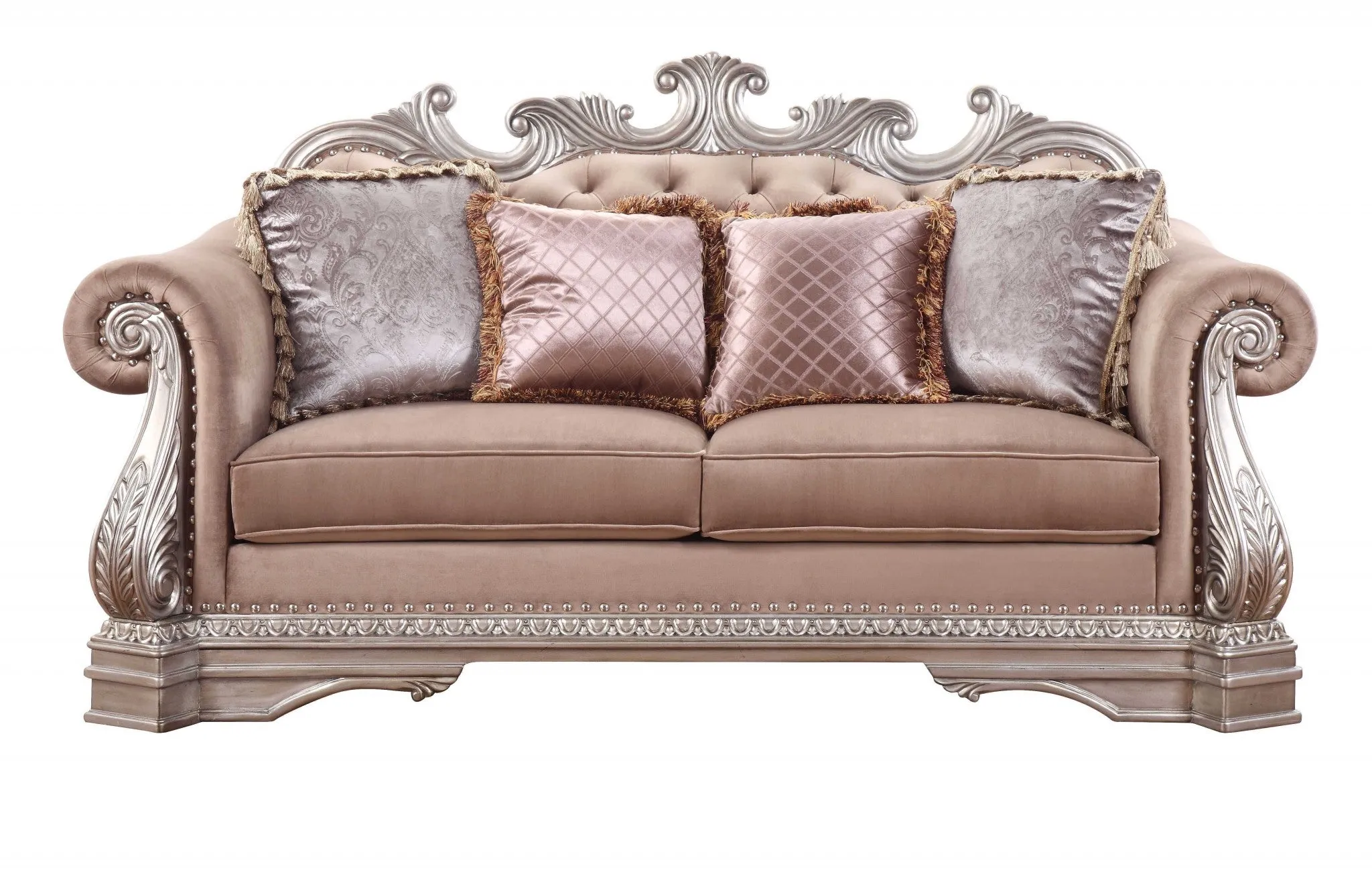 80 Champagne Velour Loveseat and Toss Pillows