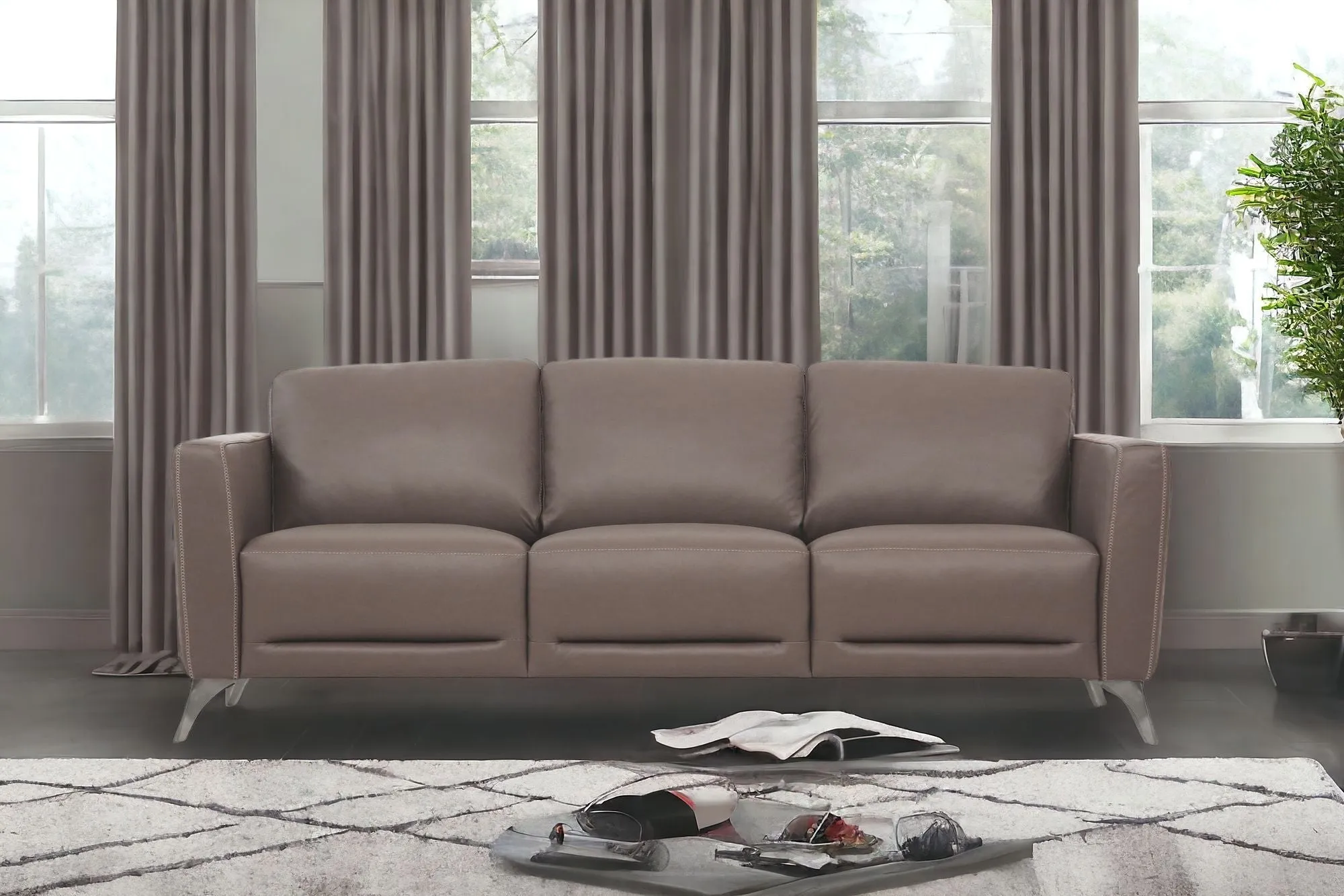 83 Taupe Leather And Black Sofa