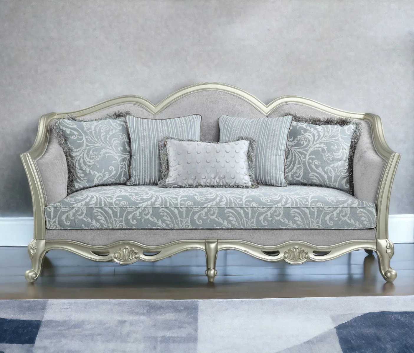 85 Light Gray And Champagne Linen Sofa And Toss Pillows