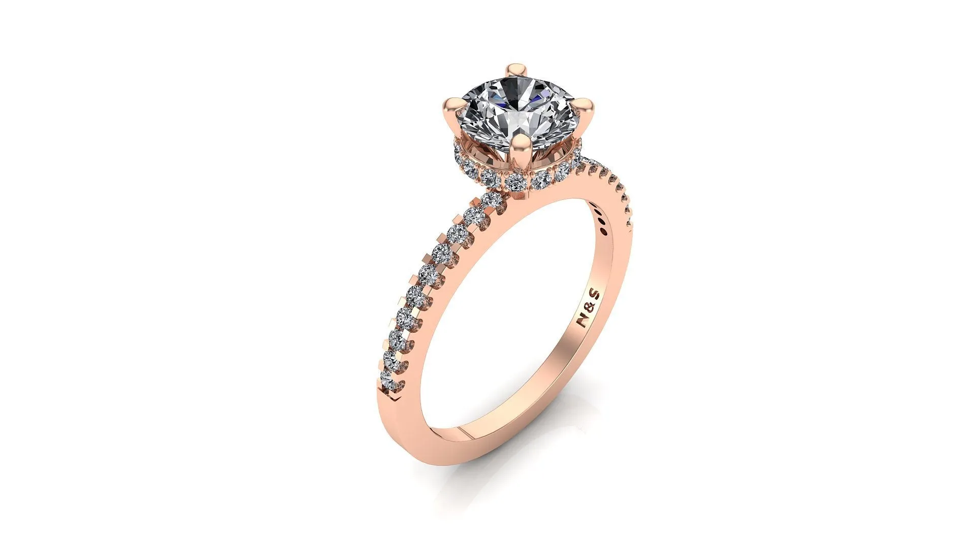 8.5mm (2.20ct) Katie ForeverOne Round Moissanite Four Prong Diamond Underhalo Engagement Ring 14K Gold MOENG077