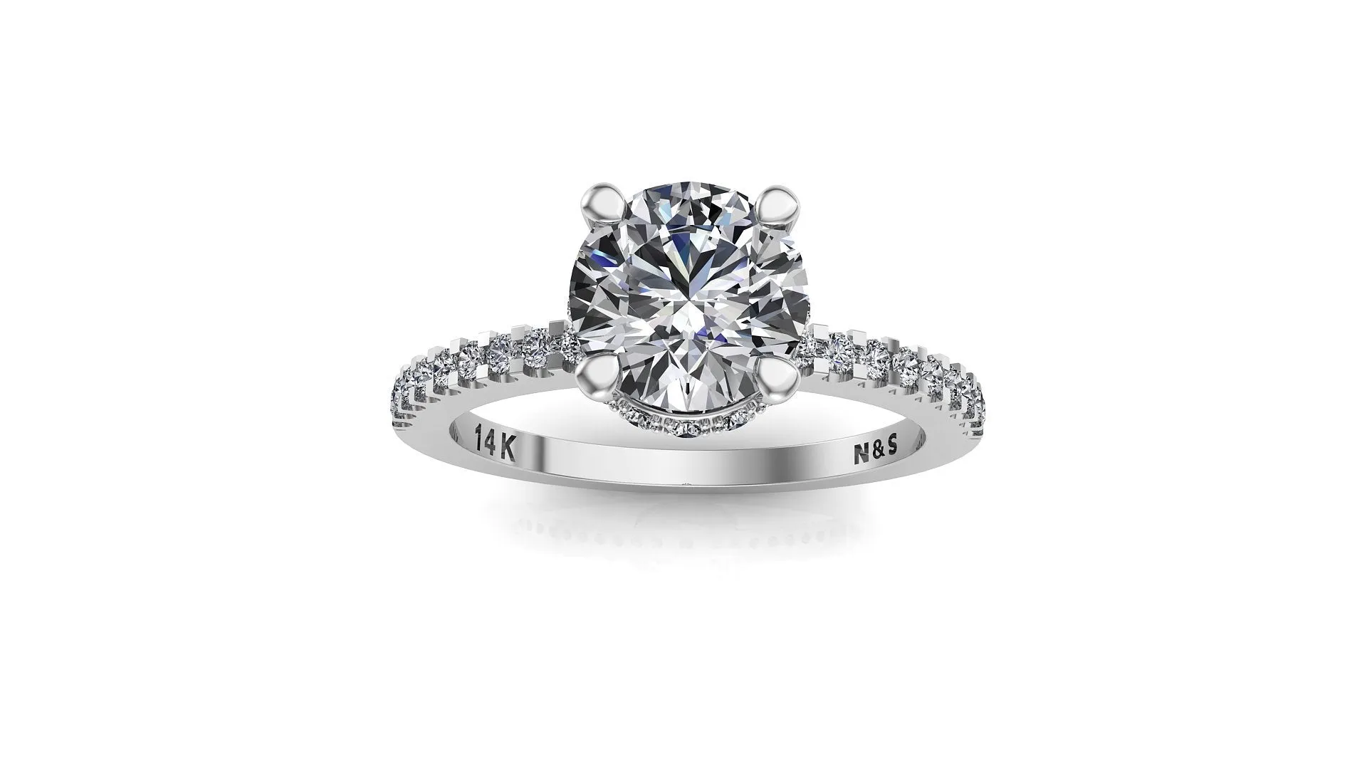 8.5mm (2.20ct) Katie ForeverOne Round Moissanite Four Prong Diamond Underhalo Engagement Ring 14K Gold MOENG077