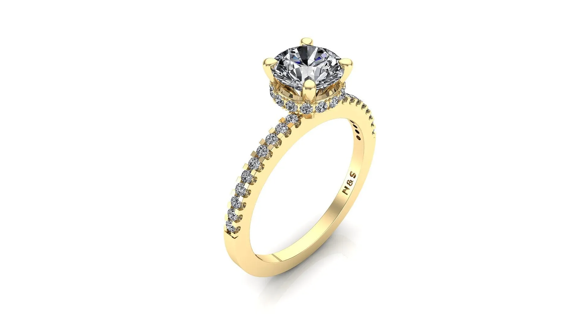 8.5mm (2.20ct) Katie ForeverOne Round Moissanite Four Prong Diamond Underhalo Engagement Ring 14K Gold MOENG077