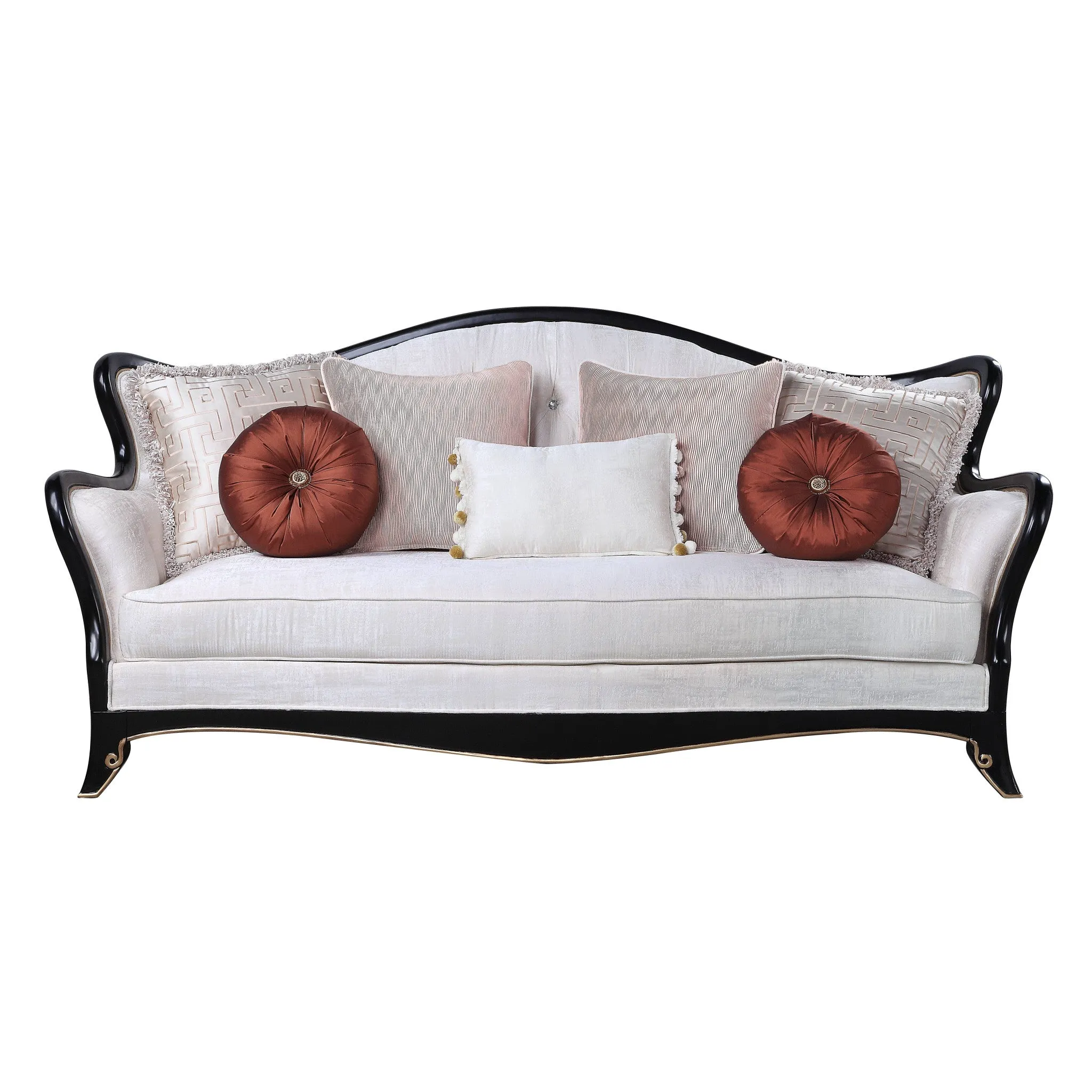 86 Beige And Black Sofa With Seven Toss Pillows