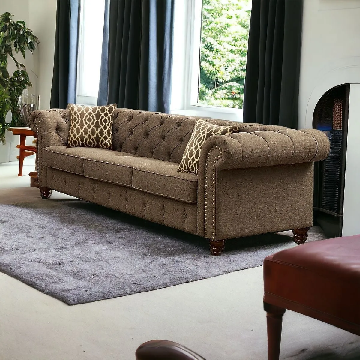 90 Brown Linen And Black Sofa With Two Toss Pillows