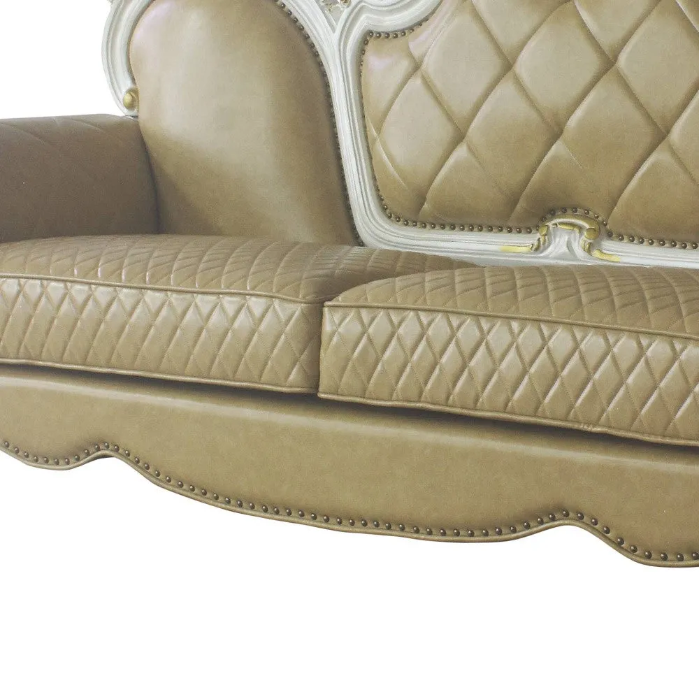 93 Butterscotch Faux Leather And Pearl Sofa With Five Toss Pillows