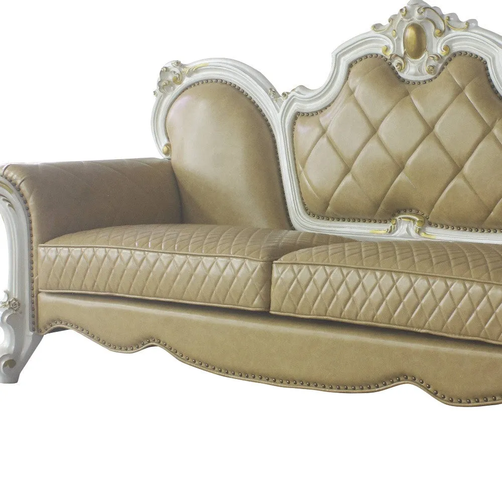 93 Butterscotch Faux Leather And Pearl Sofa With Five Toss Pillows