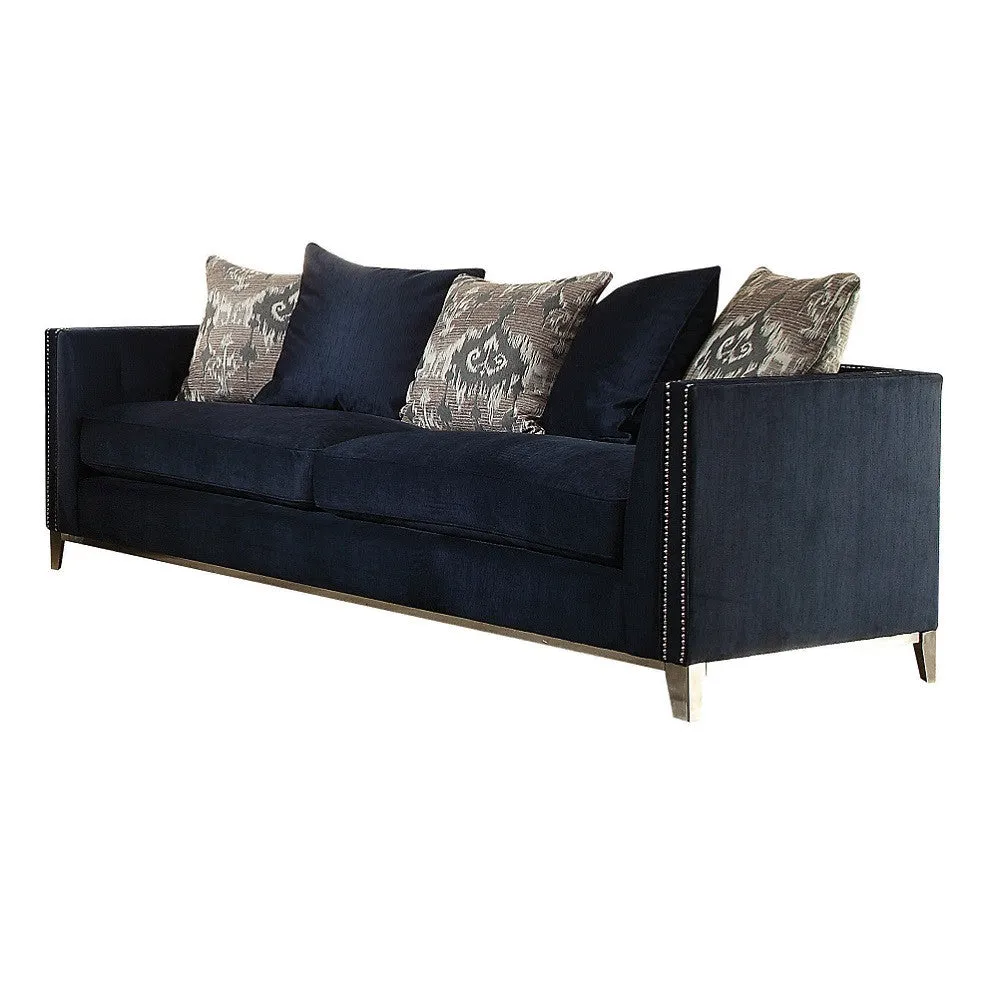 95 Blue And Silver Velvet Sofa And Toss Pillows