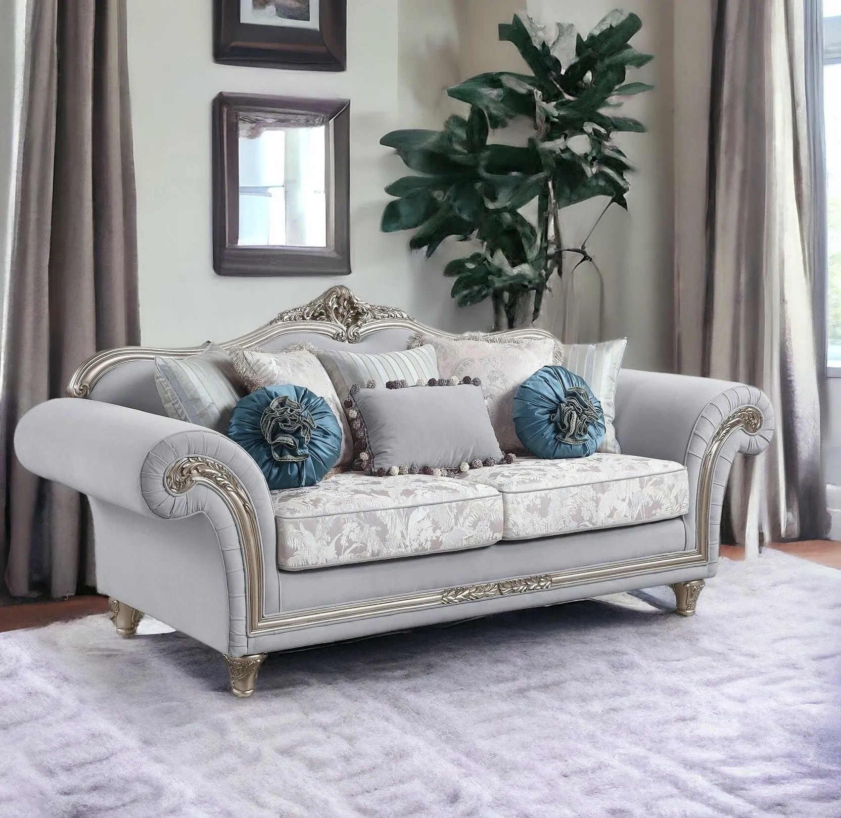 95 Light Gray And Platinum Linen Sofa And Toss Pillows