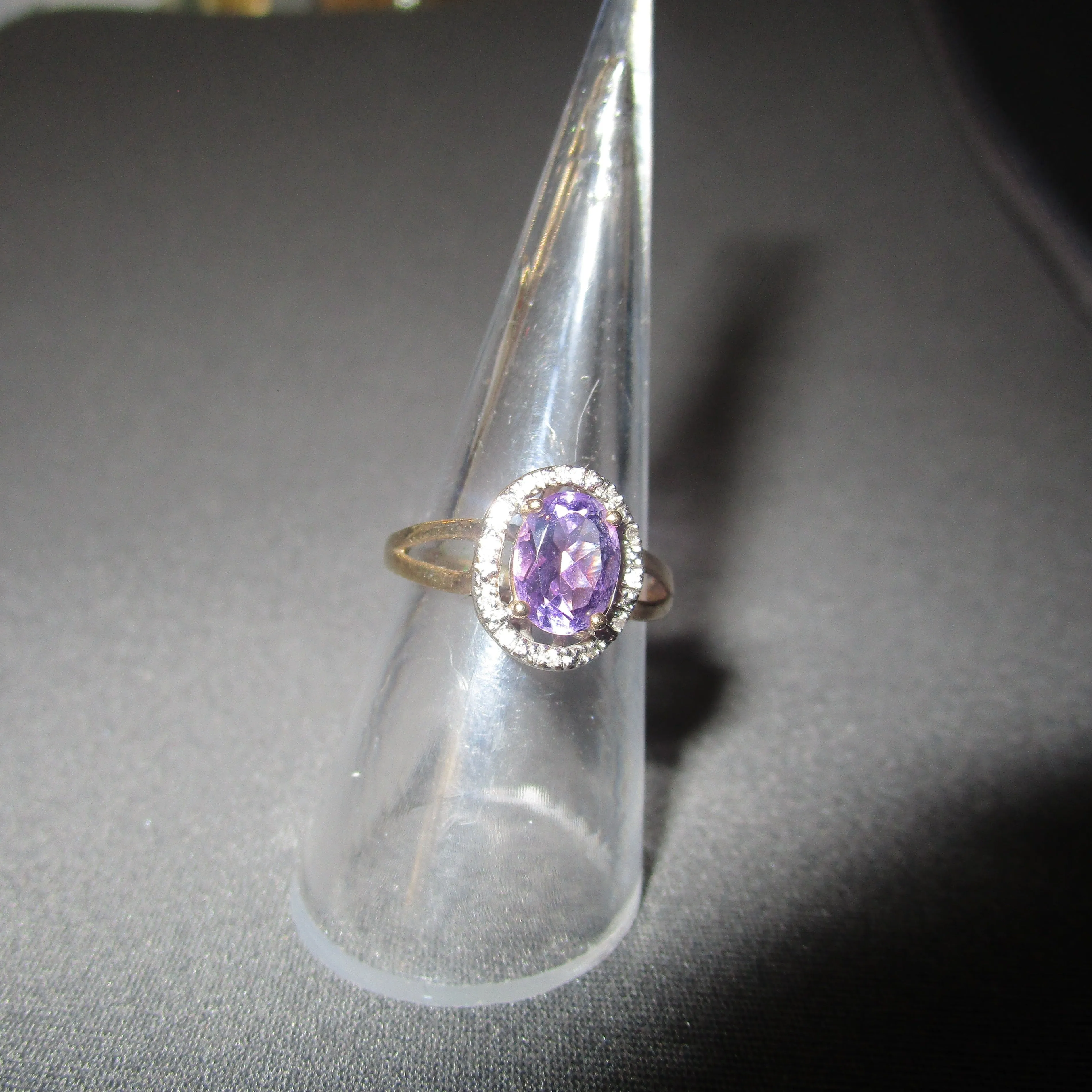 9Kt Gold Amethyst And Diamond Ring  size N Vintage c1970