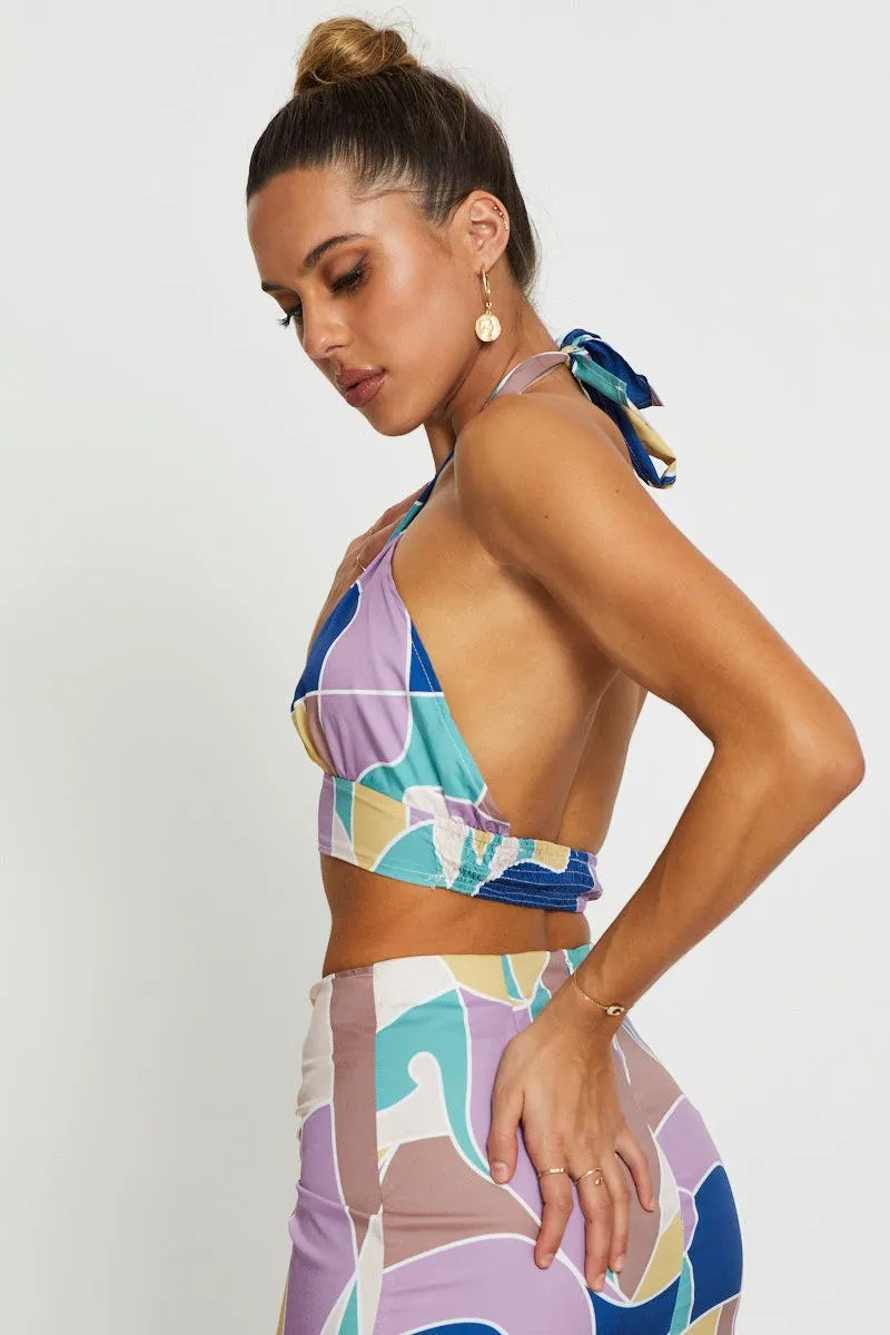 Abstract Print Crop Top Sleeveless Halter