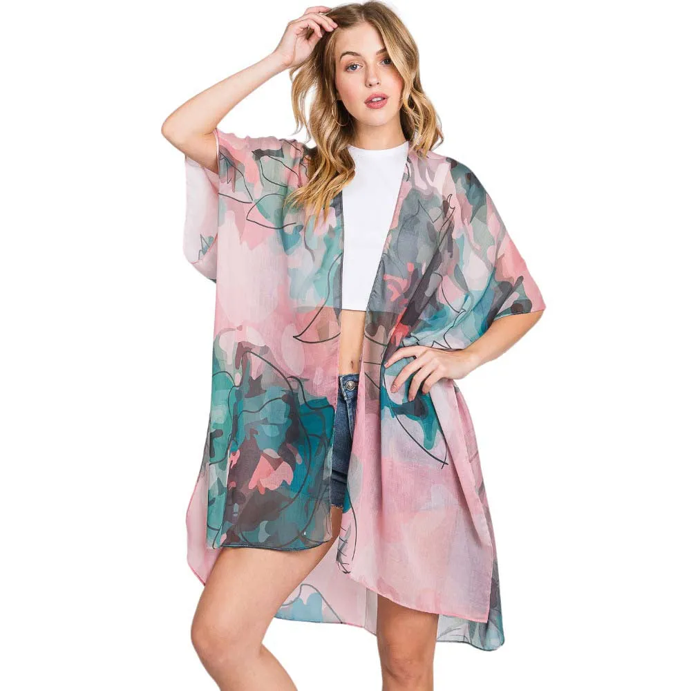 Abstract Watercolor Leaves Print Kimono Poncho