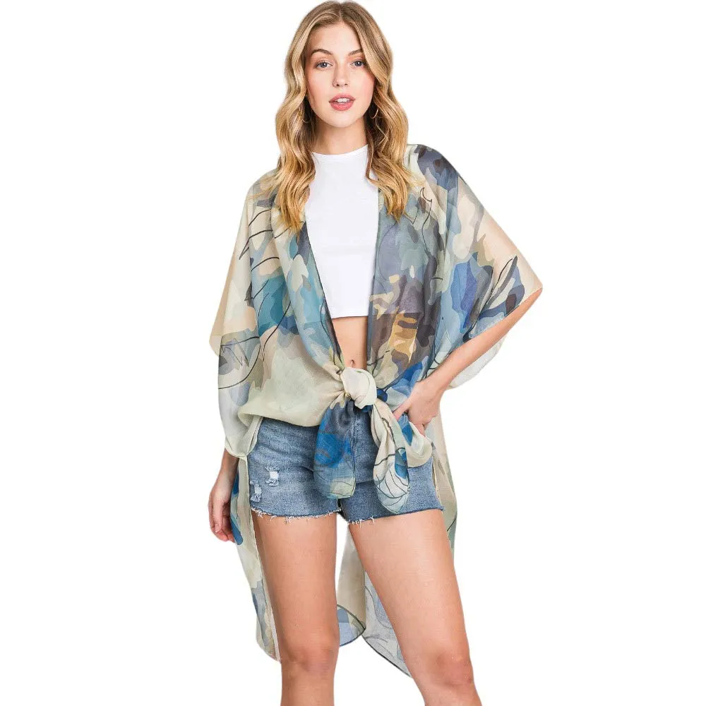 Abstract Watercolor Leaves Print Kimono Poncho